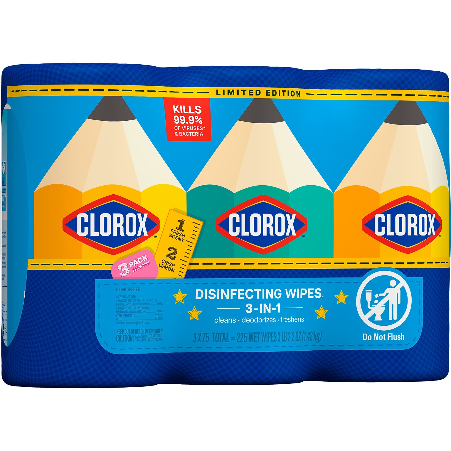 Clorox Disinfecting Wipes, Fresh/Crisp Lemon Scent, 75 Wipes/Container, 3/Pack (30208)