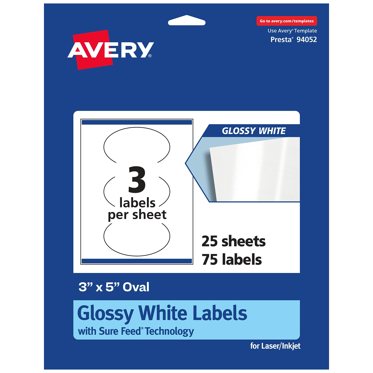 Avery Laser/Inkjet Multipurpose Oval Labels, 5 Dia, Glossy White, 75/Pack (94052)