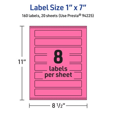 Avery Laser/Inkjet Rectangle Multipurpose Labels, 1" x 7", Bright Pink, 160/Pack (94225)