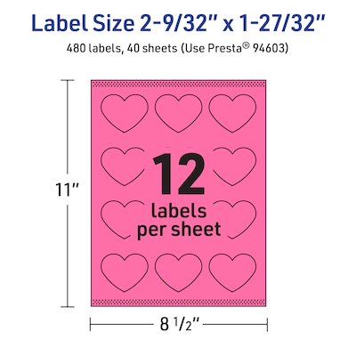 Avery Heart Laser/Inkjet Multipurpose Labels, 2-9/32" x 1-27/32", Bright Pink (480/Box)