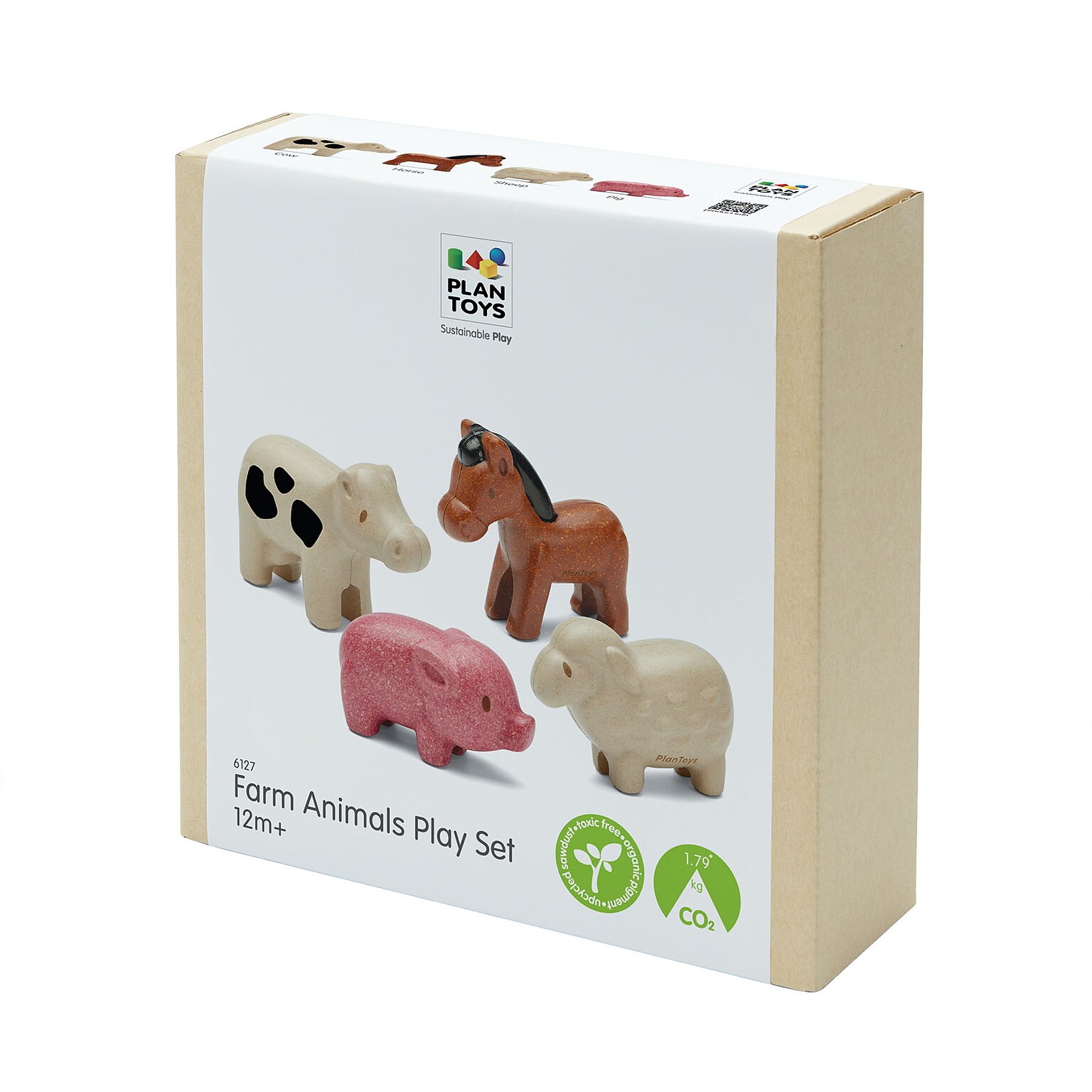 Plan Toys Wooden Farm Animals Playset, Multicolored, 4/Pack (PTS6127)