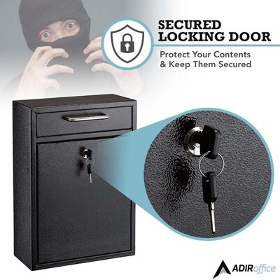 AdirOffice Steel Large Wall Mounted Drop Box Interoffice Mailbox, Key Lock, Black (631-04-BLK-PKG)