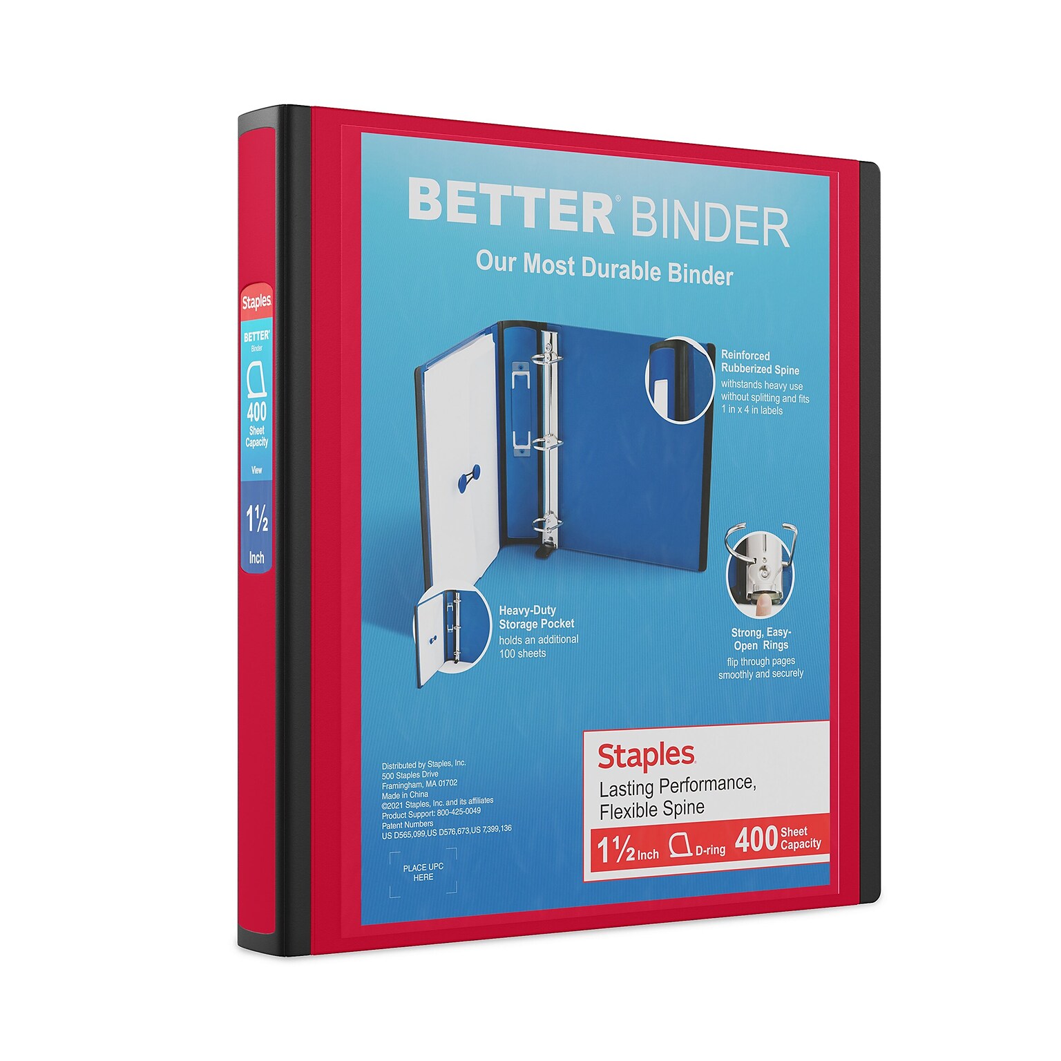 Staples Heavy Duty 1 1/2 3-Ring Better Binder, D-Ring, Red (ST55860-CC)