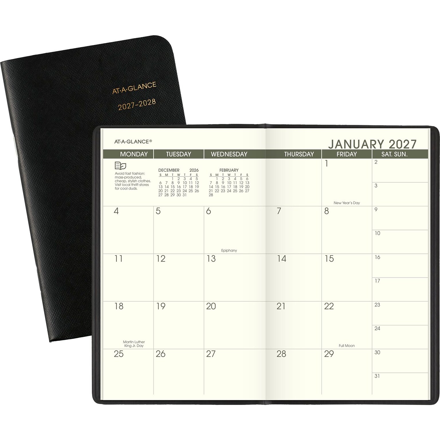 2027-2028 AT-A-GLANCE Recycled 3.5 x 6 Monthly Planner, Faux Leather Cover, Black (70-024G-05-27)