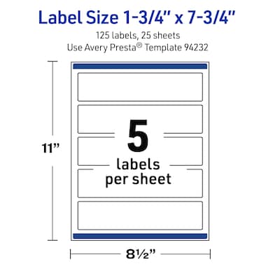 Avery Rectangle Laser Multipurpose Labels, 1.75" x 7.75", White, 125/Pack (19479399281)