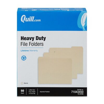 Quill Brand® Heavy-Duty Reinforced File Folders, 1/3-Cut, Letter Size, Assorted Tabs, Manila, 50/Box (71043450)