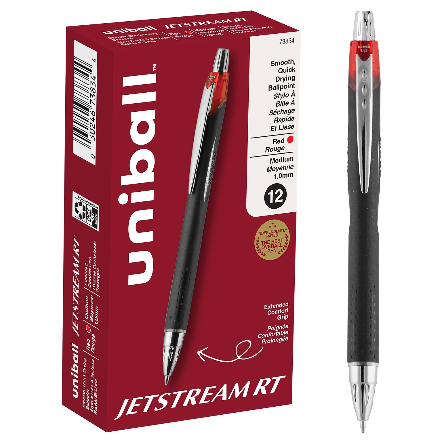 uni-ball Jetstream RT Retractable Ballpoint Pen, Medium Point, 1.0mm, Red Ink, Dozen (73834)