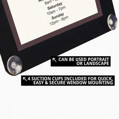 Azar Displays Window Sign Holder with Suction Cups, 8.5" x 11", Horizontal/Vertical, Glass, Black, 2/Pack (106696-BLK-2PK)