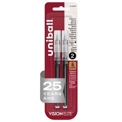 uni-ball Vision Elite Rollerball Pen Refills, Bold Point, 0.8mm, Black Ink, 2/Pack (61233)