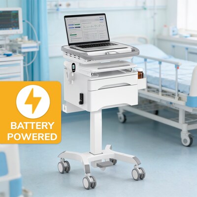 Mount-It! MedHub Powered Height-Adjustable Mobile Cart Workstation with Drawers & Built-In Power Strip, White/Gray (MI-16057)