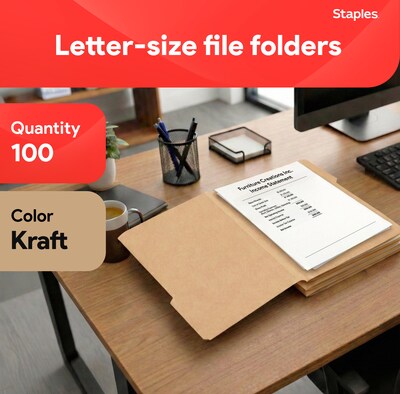 Staples File Folders, 1/3-Cut Tab, Letter Size, Kraft, 100/Box (ST509315-CC)
