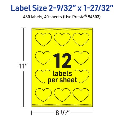 Avery Laser/Inkjet Heart Multipurpose Labels, 2-9/32" x 1-27/32", Neon Yellow, 480/Pack (94603)