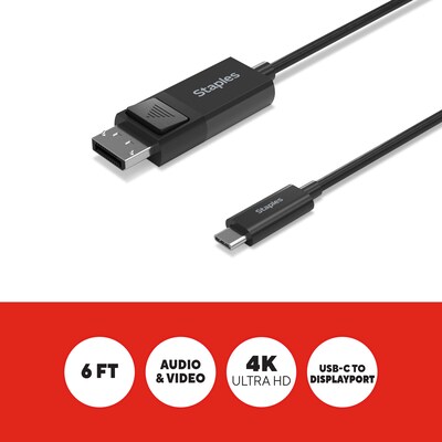 Staples TECH 6 ft. USB-C to Display Port Audio/Video Cable, Male to Male, Black (ST62471)