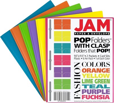 JAM Paper Plastic POP 2-Pocket Folders with Metal Prong Fastener, Multicolored, Assorted Colors, 6/Pack (382ECFassrt)