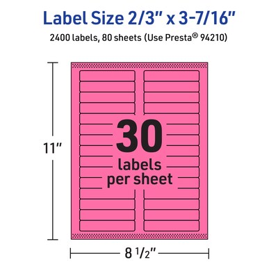 Avery Rectangle Laser/Inkjet Multipurpose Labels, 2/3" x 3-7/16", Bright Pink (2400/Box)