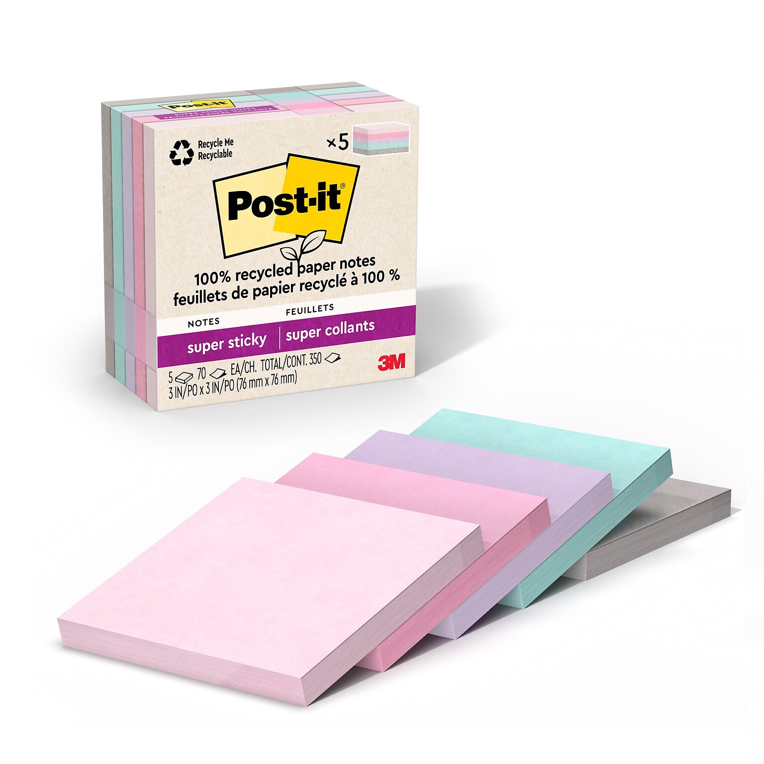 Post-it Recycled Super Sticky Notes, 3 x 3, Wanderlust Pastels Collection, 70 Sheets/Pad, 5 Pads/Pack (654R-5SSNRP)
