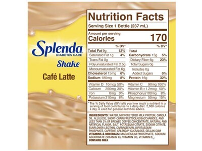 Splenda Diabetes Care Sugar-Free Café Latte Shake, 8 oz., 24 Bottles/Carton (SP20252490)