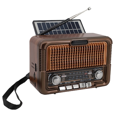 QFX True Wireless Retro-Style Portable Bluetooth AM/FM/Shortwave Radio with Solar Panel, Brown (R-50