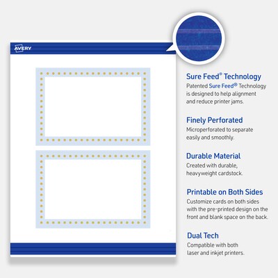Avery Gold Dots with Blue Border Matte Blank Card, White, 20/Pack (S00-DMH)