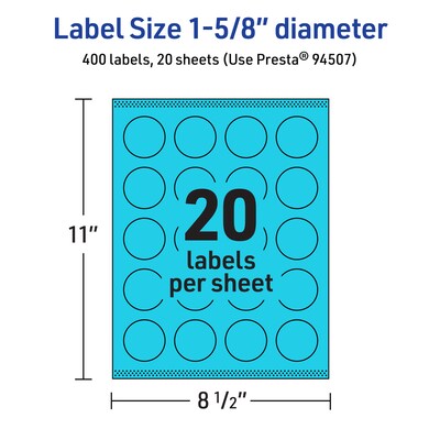 Avery Printable Circle Multipurpose Labels, 1-5/8" Dia., Bright Blue, 400/Pack (94507)