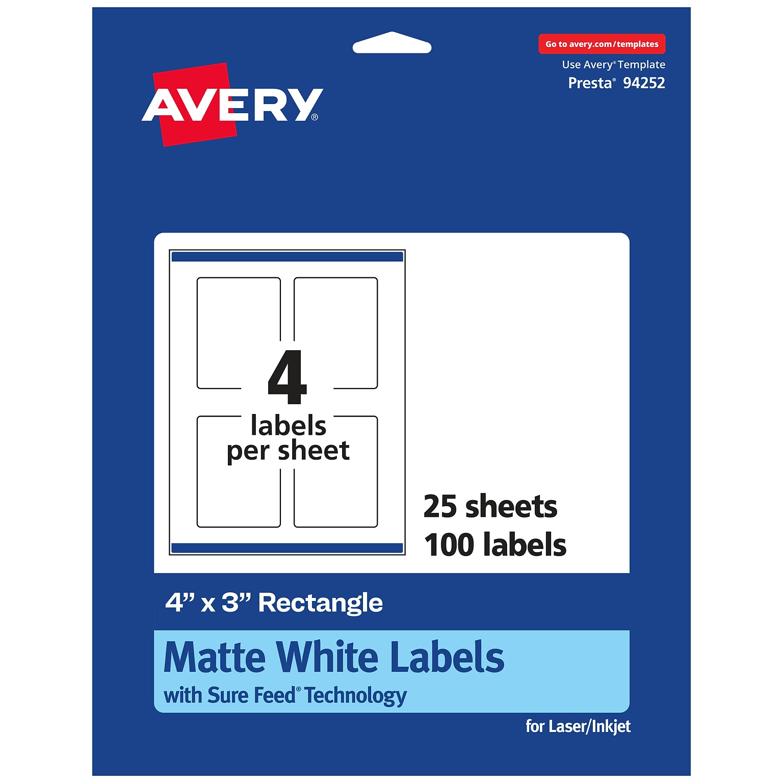 Avery Laser/Inkjet Rectangle Multipurpose Labels, 4 x 3, White, 100 Labels/Pack (94252)