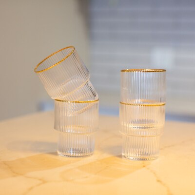 Gatsby Ribbed Stackable Drinkware with Gold Rim, Set of 4