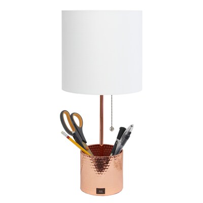 Simple Designs Hammered Metal Organizer Table Lamp with USB charging port and Fabric Shade, Rose Gold (LT1085-RGD)