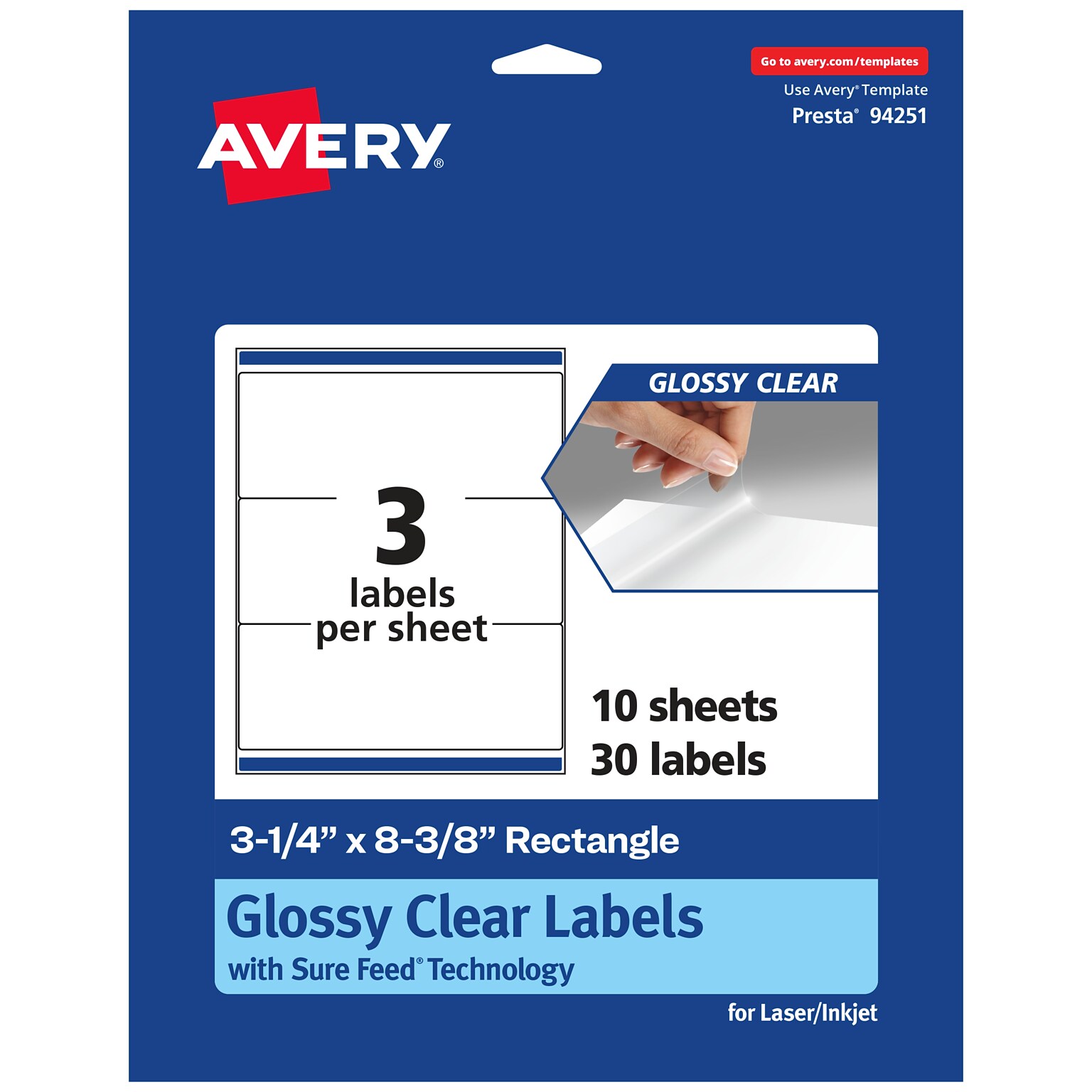 Avery Laser/Inkjet Multipurpose Labels, 8.375 x , Glossy Clear, 30/Pack (94251)