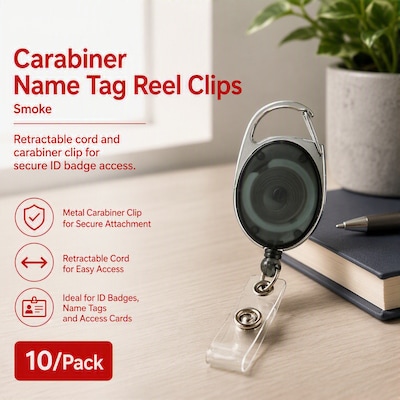 Staples Carabiner Name Tag Reel Clips, Smoke, Retractable Cord, Metal Carabiner Clip for Secure ID Badge Access, 10/Pack