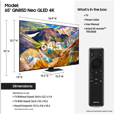 Samsung Neo QN85D 65” Smart QLED 4K UHD AI Enabled TV (QN65QN85DBFXZA)