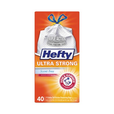 Hefty® Ultra Strong Tall Kitchen and Trash Bags, 13 gal, 0.9 mil, 23.75 x 24.88, White, 40/Box