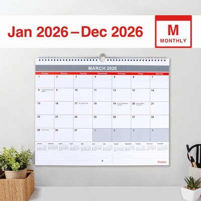 2026 Staples 15 x 12 Monthly Wall Calendar, White/Red/Gray (ST52080-26)