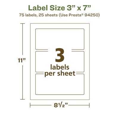 Avery EcoFriendly Laser/Inkjet Rectangle Multipurpose Labels, 3" x 7", White, 75/Pack (94250)