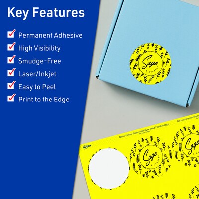 Avery Laser/Inkjet Round Multipurpose Labels, 2.5 Dia., Neon Yellow, 360/Pack (94502)