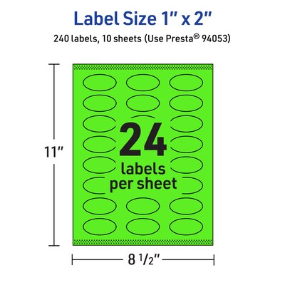 Avery Laser/Inkjet Multipurpose Oval Labels, 1" x 2", Neon Green, 240/Pack (94053)