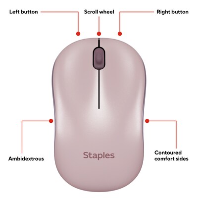 Staples TECH Wireless Ambidextrous Optical USB Mouse, Pink (ST63065)