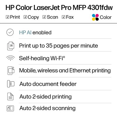 HP Color LaserJet Pro LJP 4301fdw Wireless Color Laser Printer, All-In-One, Print, Scan, Copy, Fax (4RA82F)