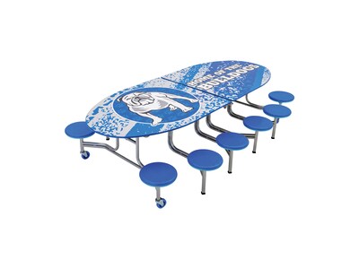AmTab Elliptical Mobile Cafeteria Table w/ 12 Stools, 35" x 121", Assorted Colors (MSE1012)