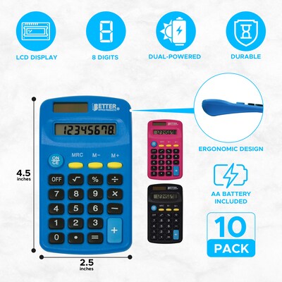 Better Office Products Pocket Size Calculators, 8-Digit Display, Dual Power w/AA Battery, Assorted Colors, 10/Pack (00403-10K)