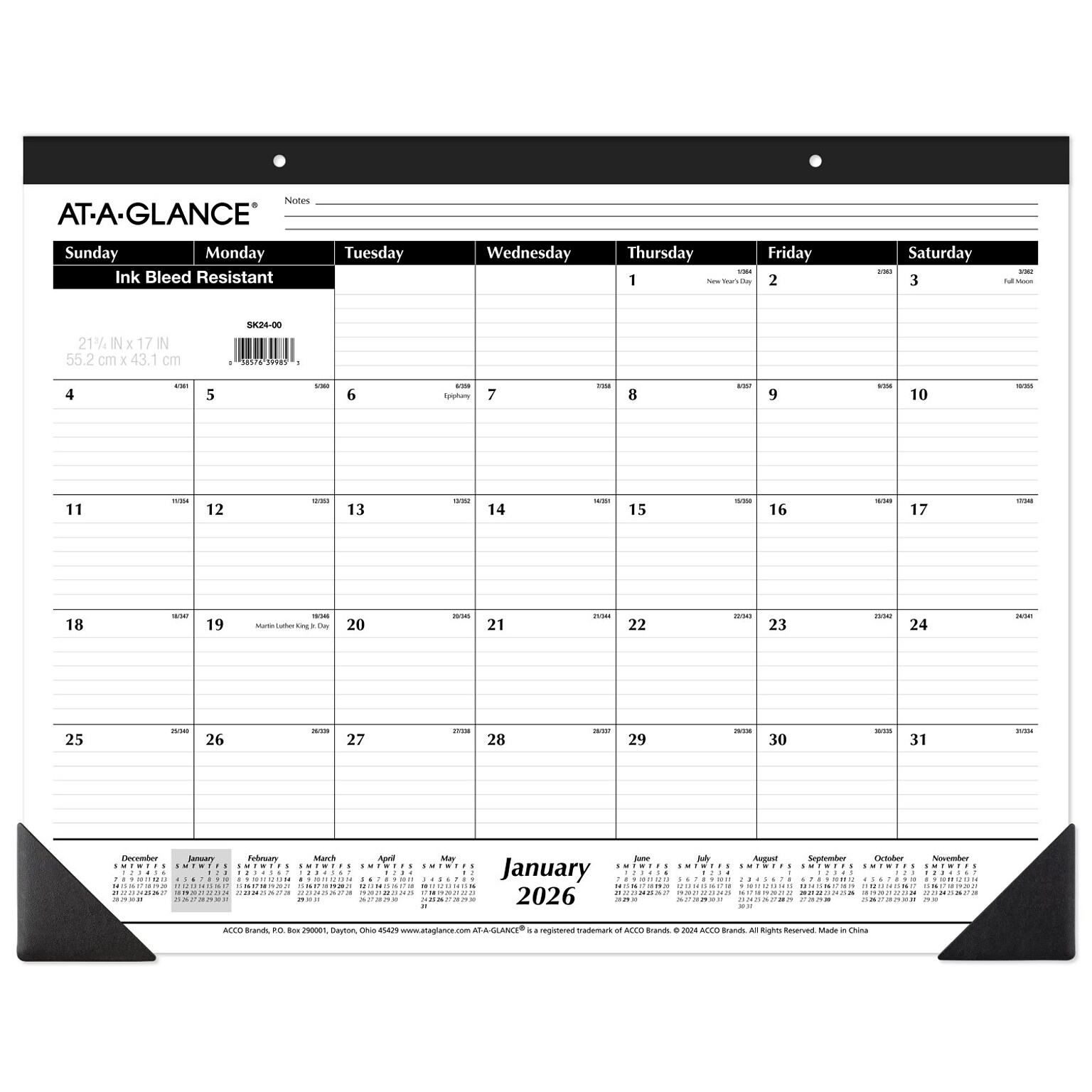 2026 AT-A-GLANCE 21.75 x 17 Monthly Desk Pad Calendar, White/Black (SK24-00-26)