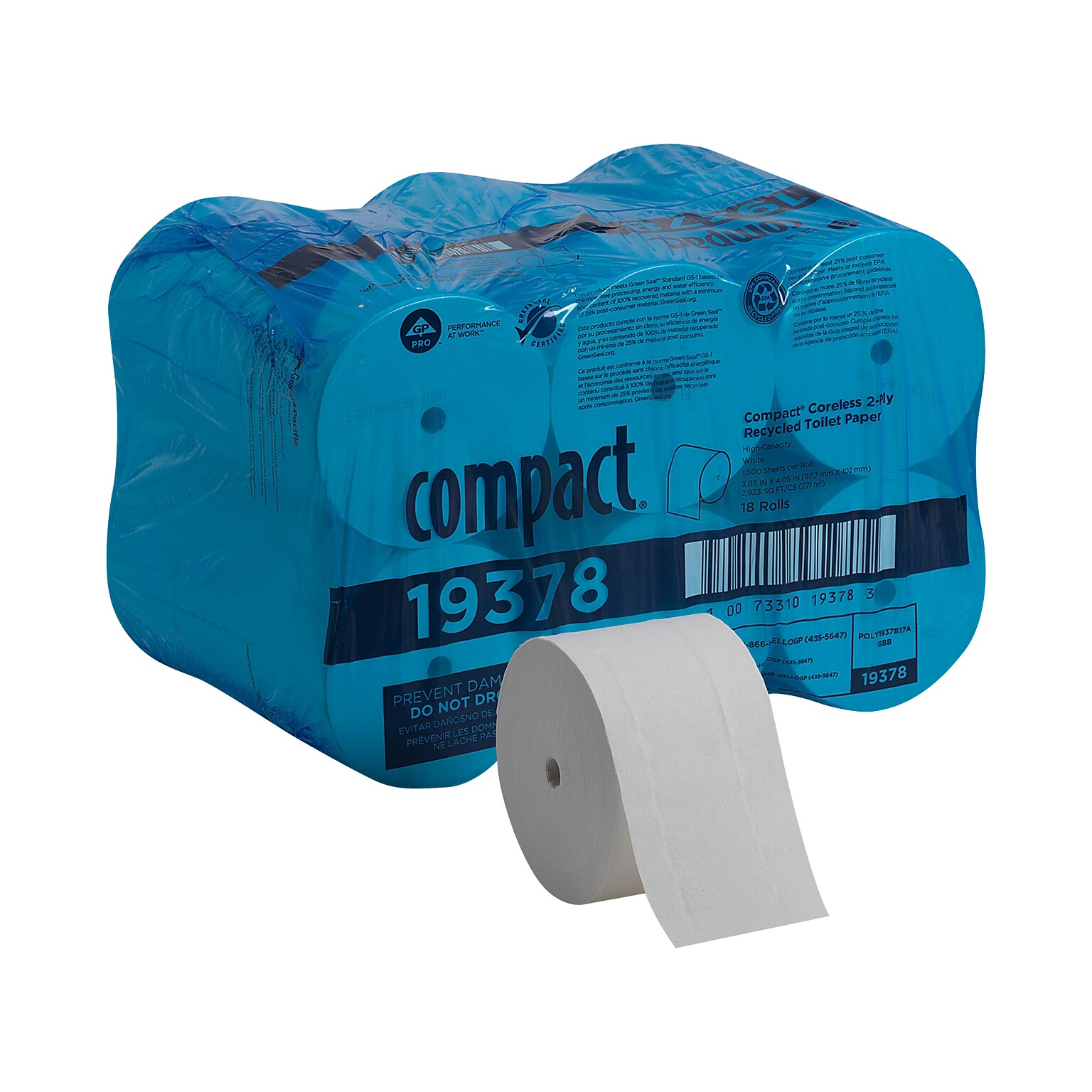 Compact Recycled Coreless Toilet Paper, 2-Ply, White, 1500 Sheets/Roll, 18 Rolls/Carton (19378)