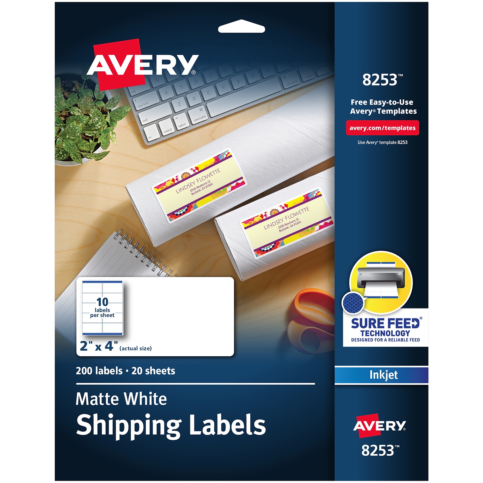 Avery Sure Feed Inkjet Shipping Labels, 2 x 4, White, 10 Labels/Sheet, 20 Sheets/Pack, 200 Labels/Pack (8253)