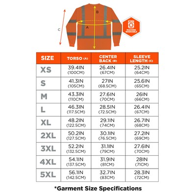 GloWear 8368 High Visibility Long Sleeve T-Shirt, ANSI Type R Class 3, Orange, Large (22064)
