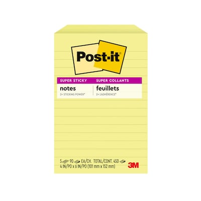 Post-it Super Sticky Notes, 4 x 6 in., 5 Pads, 90 Sheets/Pad, Lined, 2x the Sticking Power, Canary Y