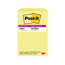 Post-it Super Sticky Notes, 4 x 6, Canary Collection, Lined, 90 Sheet/Pad, 5 Pads/Pack (6605SSCY)