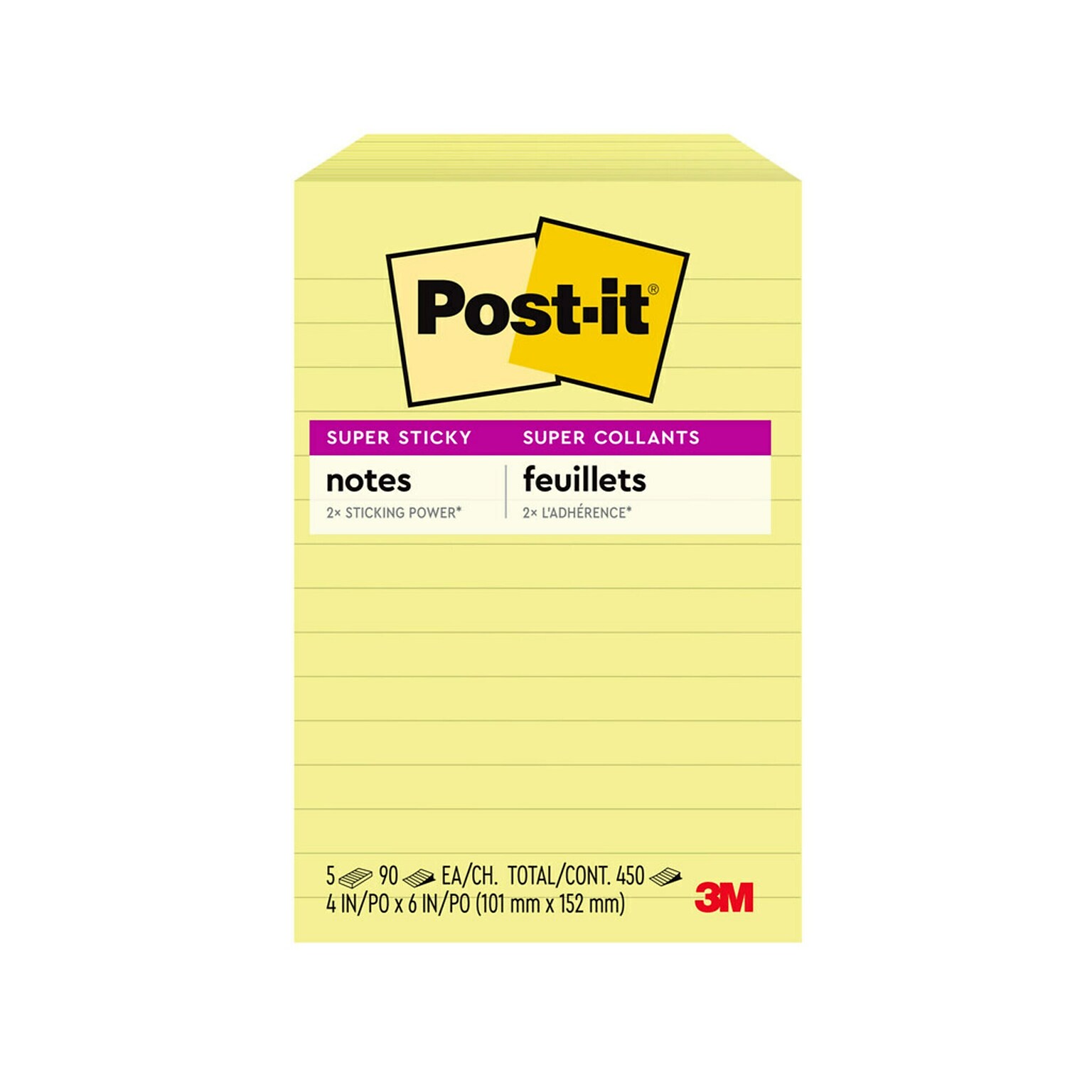 Post-it Super Sticky Notes, 4 x 6 in., 5 Pads, 90 Sheets/Pad, Lined, 2x the Sticking Power, Canary Yellow