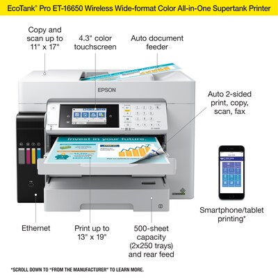 Epson EcoTank Pro ET-16650 Wireless Wide-format All-in-One SuperTank Office Printer, prints up to 13" x 19"