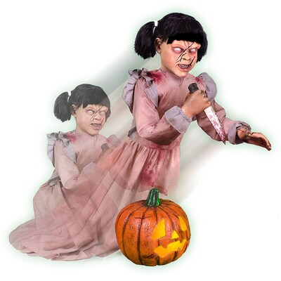 Haunted Hill Farm Lunging Pumpkin Carver Zombie Girl with Jack O'Lantern by Tekky (HHPMPCVR-FLSA)