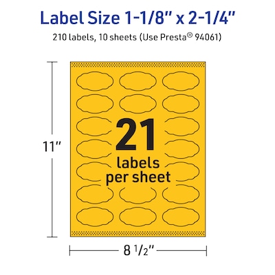 Avery Oval Scalloped Laser/Inkjet Multipurpose Labels, 1-1/8" x 2-1/4", Bright Yellow (210/Pack)