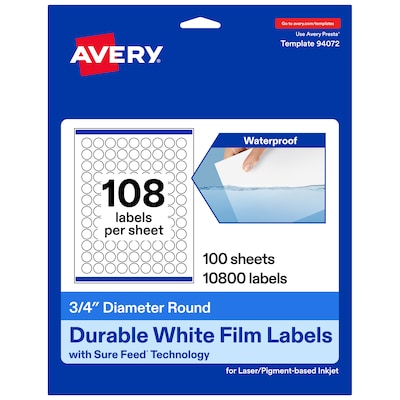 Avery Round Laser/Inkjet Multipurpose Labels, White, 108 Labels/Sheet, 100 Sheets/Pack (19479311242)